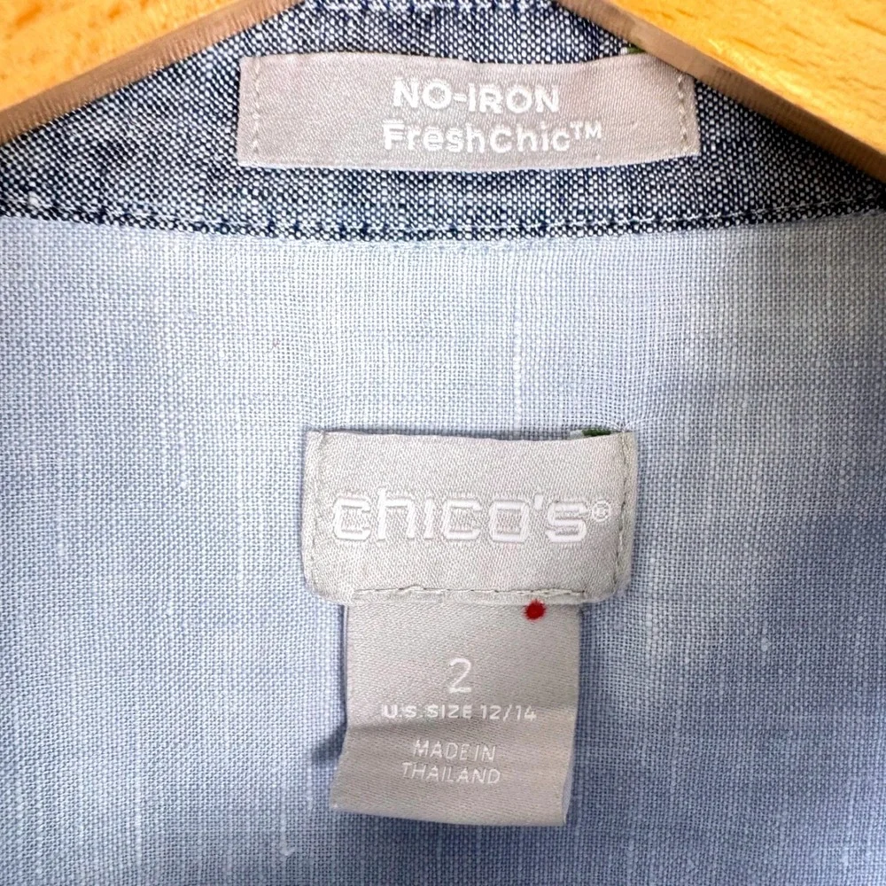 Chicos No-Iron FreshChic Linen Colorblock Button Up Shirt Womens 2 Large Blue - Picture 3 of 5